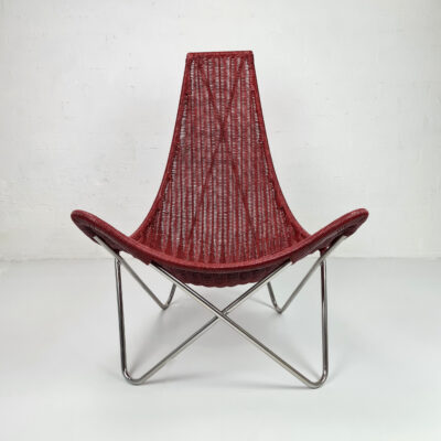 Knud-vinther-lounge-chair-2 Knud Vinther Batchair in red rattan with polished stainless steel frame